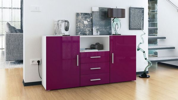 Vladon Sideboard Skadu, Kommode mit 2 Türen, 3 Schubladen und 1 offenem Fach, Weiß matt/Brombeer Hochglanz (138,5 x 71,5 x 35 cm)