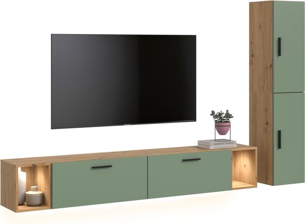 The One Wohnkombination inkl Beleuchtung in Smoke Green Nachbildung