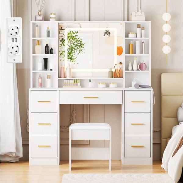 BEWISHOME Schminktisch mit Spiegel und Hocker, Ladestation, 7 Schubladen, LED-Beleuchtung (1-St), 100 x 40 x 140 cm