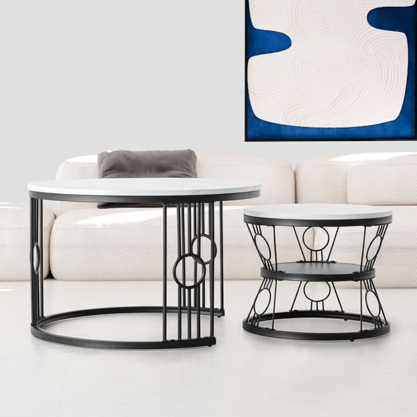 2er-Set Couchtisch nestbar 70x70x45 + 45x45x37 cm, MDF & lötstellenfreier Metallrahmen, Safety-Design