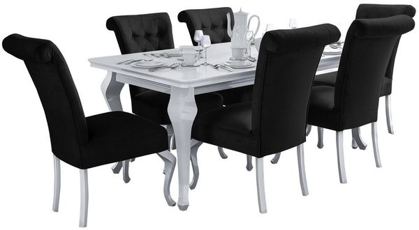 Deine Möbel 24 Essgruppe LUISE Tischgruppe Glamour Tisch mit 4 / 6 Stühlen Esszimmer, (Graphit Anthrazit Dunkelgrau Grau Beige Schwarz, 7-tlg, Wohnzimmer, Esstisch aus Massivholz), in Weiß hochglanz Stühle in Samt Velour 140 x 80 x 180 170 x 90 x 210