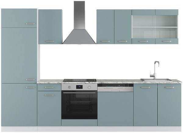 Küchenzeile R-Line Blau-Grau/Weiß 300 cm ohne Arbeitsplatte Vicco
