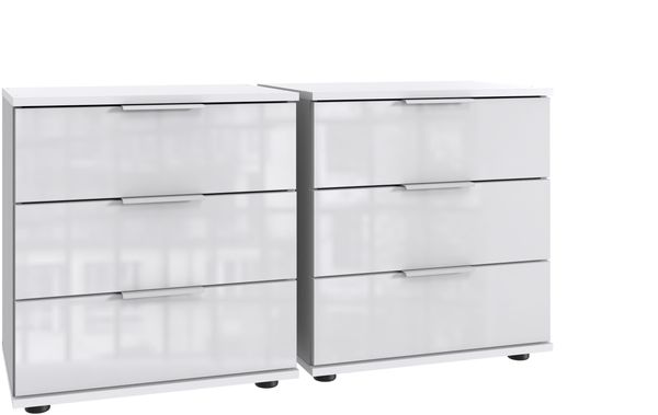 Nachtschrank >Danzig< (2er-Set) in WEISS + GLAS WEISS - 104x58x38cm (BxHxT)