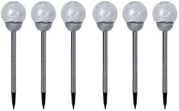 6x LED Solarlampe, Edelstahl silber, Bruchglas Kugel, H 56 cm