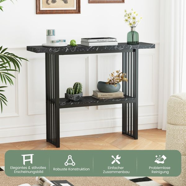 2 Ebenen Konsolentisch mit Marmoroptik Schmaler Beistelltisch Flurtisch mit Metallrahmen Schwarz