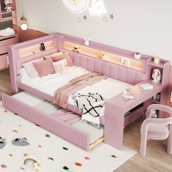 Merax Daybett Einzelbett Gepolstertes 90x200 Tagesbett mit USB-Anschlüssen und LED-Gürtel, mit Ausziehbett und Schreibtisch, Rosa