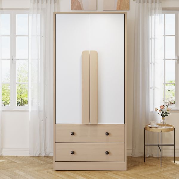 Merax Kleiderschrank, Doppeltüren-Design, mit Schubladen und Ablagefächern, holzfarbe+weiß, 70 x 40 x 170 cm