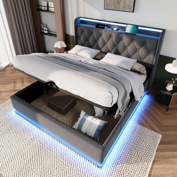 Merax Polsterbett 140*190 cm, Doppelbett, 360-Surround-LED-Funktion, Grau Leinen-Material Hydraulisches Lagerbett, gepolstertes Kopfteil mit USB Typ-C Ladefunktion