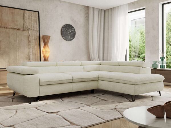 MKS Möbel 'Pablo L-Form' Ecksofa mit Schlaffunktion, verstellbare Kopfstützen, Creme, Schenille glatt, T25 Topper, Rechts