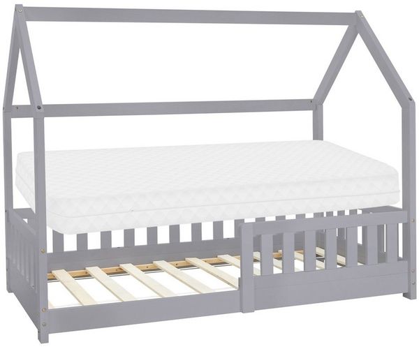 ML-DESIGN Spielbett Hausbett Kinderbett inkl. Lattenrost kreativ Bodenbett für Kinder, Abenteuerbett mit Rausfallschutz Kiefer Hellgrau Himmelbett Bettenhaus