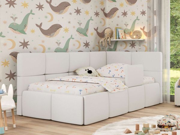 Jugendbett, Kinderbett mit Kopfteil ARVO ALTA 90x200 cm, Polsterbett mit Stauraum, hoher Schlafkomfort - Weiß Kunstleder - Rechts