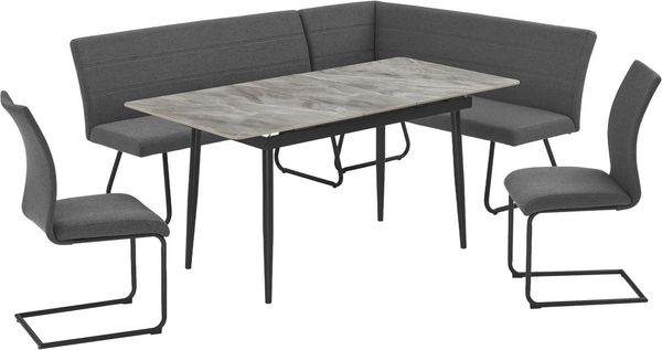 OTTO home Eckbankgruppe Stevian, (Set, 4-tlg, 1 ausziehbarer Esstisch + 1 Eckbank Recamiere links + 2 Stühle), Holz, Strukturstoffbezug, Freischwingerstühle, gesteppten Bänken