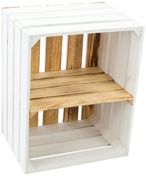 Kistenkolli Altes Land Allzweckkiste Obstkiste "Johanna" weiß mit geflammten Boden mit Mittelbrett geflamm (Spar-Set)