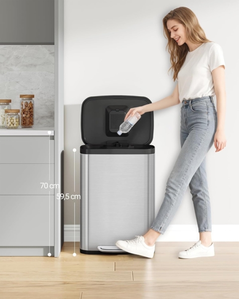Mülleimer Küche, 50 Liter Abfalleimer mit Tretpedal, Tretmülleimer mit Softclose-Deckel und Inneneimer, Küchenmülleimer mit 15 Müllbeuteln, Stahl, Silber