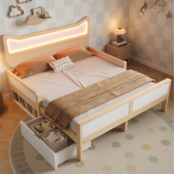 Flieks Kinderbett flexible Schublade & Staufach links/rechts montierbar, Massivholzbett 140×200 cm mit Katzenohren Kopfteil und LED‑Beleuchtung