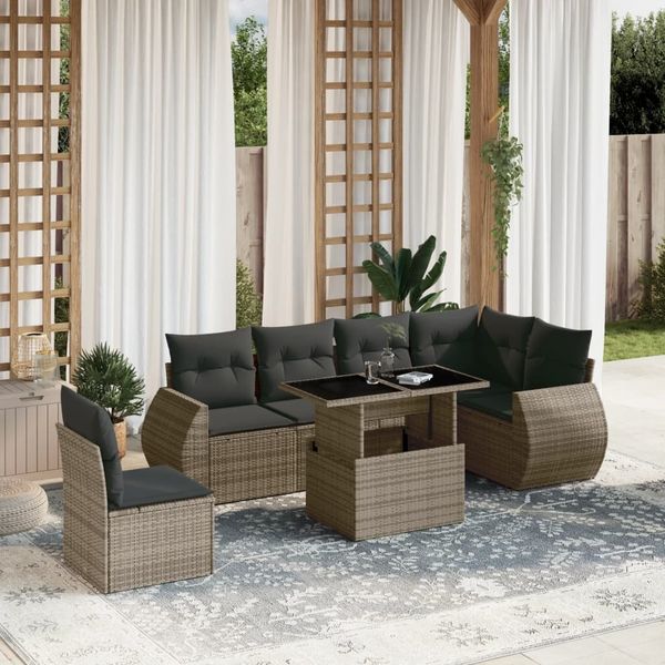 vidaXL 7-tlg. Garten-Sofagarnitur mit Kissen Grau Poly Rattan 3268570