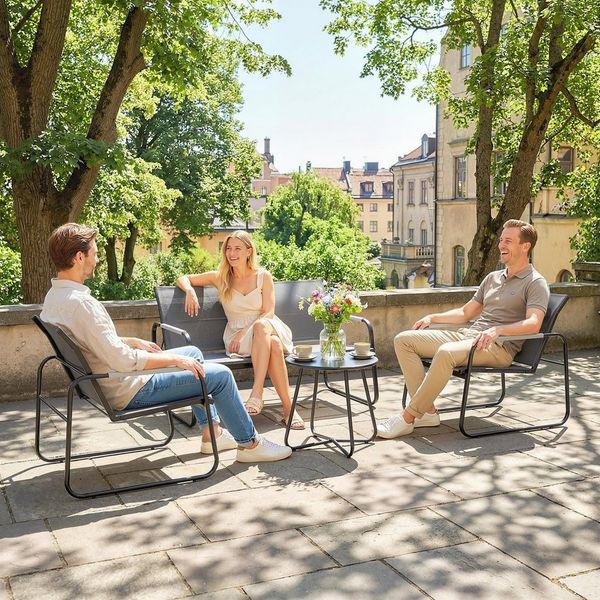 Outsunny Sitzgruppe mit 2er Sofa, 2 Sessel, Seilflecht, Rund Tisch, Fußpads, (Atmungsaktiv Gartenlounge, 4-tlg, Gartenmöbel Set), für Garten Balkon Grau