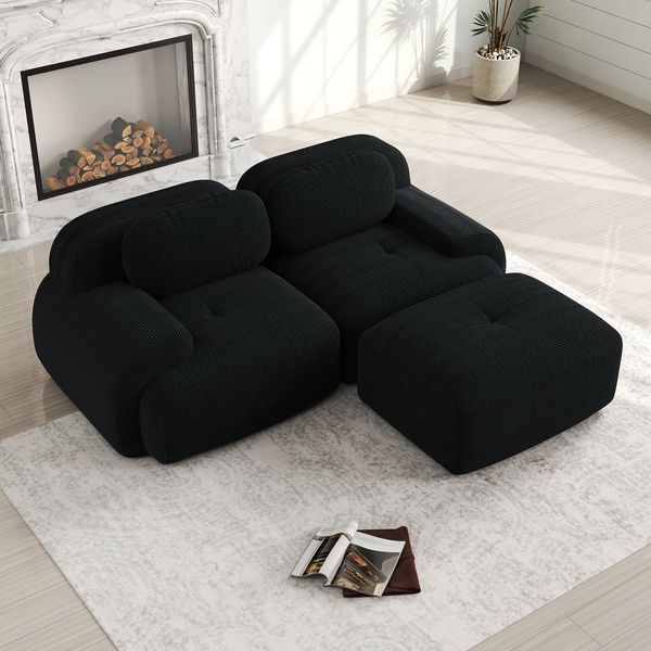Ecksofa modular, H 75 x T 208 x B 178 cm (modulares System), Kordsamt schwarz, 3‑teilig, montagefrei