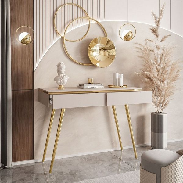 ALLHOUSE24 Konsolentisch LAURA V GOLD Kaschmir Goldchrom lange Metallbeine Konsole BERLIN