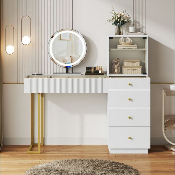 i@home Schminktisch mit LED-Beleuchtungsspiegel (1 Schminktisch mit Spiegel), Glasplatte, 5 Schubladen und 1 Schrank, weiß, Maße: B120*T40*H120 cm