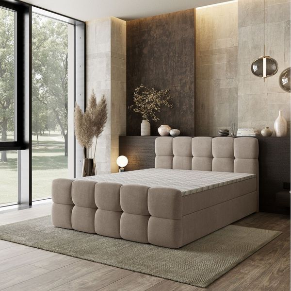 Masseno Boxbett BRUME 180x200 cm mit Bonell Matratze und Topper, Doppelbett, Polsterbett mit Kopfteil, Boxspringbett