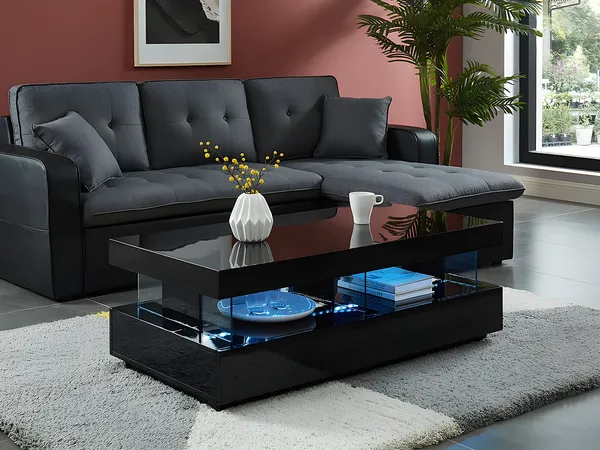 Vente-unique - FABIO Couchtisch Holz, PlatteGlas Schwarz - B 60 cm x H 42 cm x L 120 cm