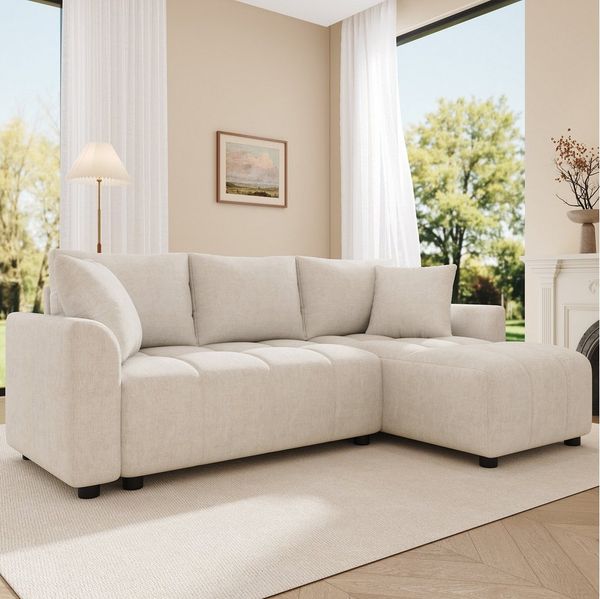 Merax 3-Sitzer Sofa, wandelbares L-förmiges Ecksofa, Chenille Stoff, 1 Teile, Sofa mit 2 Zierkissen, für Wohnzimmer und Wohnung, Beige/Grau