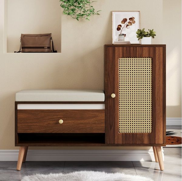 HAUSS SPOLE Schuhschrank Rattan-Optik,Schuhständer Schuhkommode Sitzbank Schubladen Nussbaum (Rattanschrank aus Spanplatten und MDF mit verstellbaren Einlegeböden für verschiedene Schuhtypen) mit Sitzpolster als Garderobenbank, Schubladen, offenen Fächern