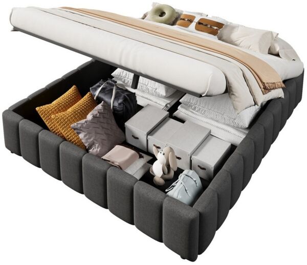 BlingBin Polsterbett Stauraumbett Hydraulisches Bett Jugendbett (1-tlg, hydraulische Lagerung, ohne Kopfteil, ohne Matratze), 140×200cm,Grau,Leinen+MDF,Maximale Belastung: 226 kg