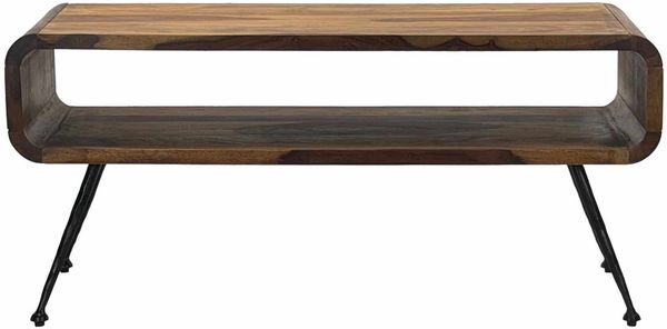 Retro Couchtisch Sheesham Massivholz 100cm · Wohnzimmertisch rechteckig mit Ablagefach · Handgefertigter Sofatisch aus Holz mit Metallbeinen im Industrial Design