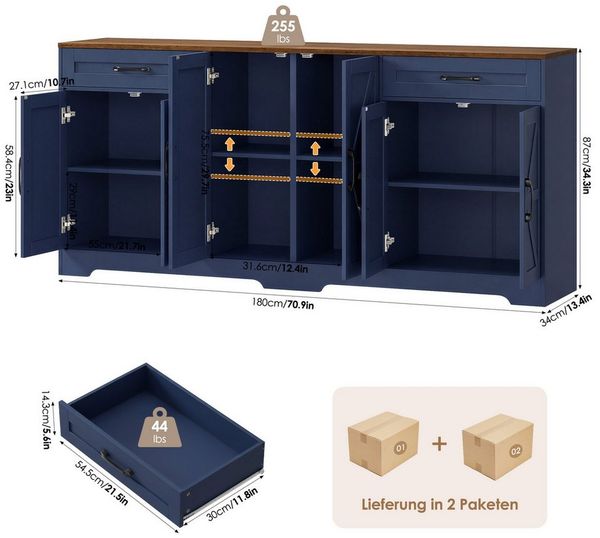 HOMECHO Sideboard, 180 cm breit Küchenschrank mit Arbeitsplatte, 6 Türen und 2 Schubladen