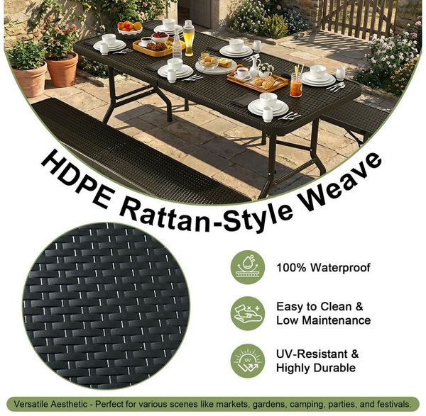 GUNJI Bierzeltgarnitur klappbar Festzeltgarnitur Gartenmöbel set 3-teiliges Set, (1 Biertisch & 2 Bierbank), Klappbares Gartenmöbel Set Rattan-Optik, 150kg Tragfähigkeit