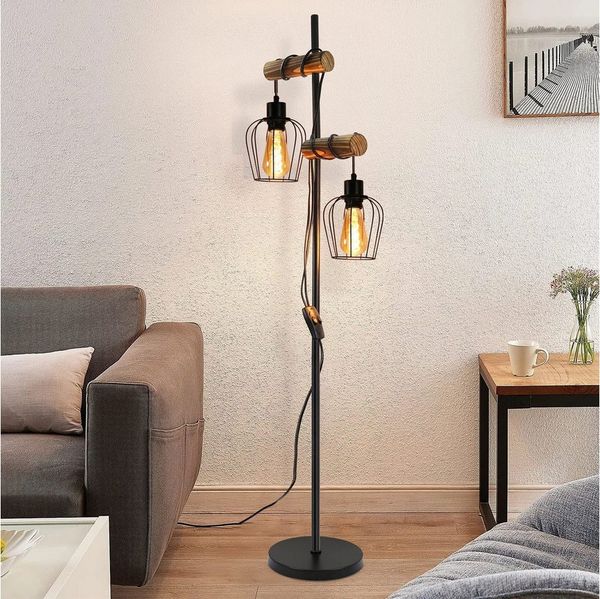 Nettlife Stehlampe Stehleuchte 2 Flammig schwarz Vintage aus Holz 151cm, mit Kippschalter, LED wechselbar, für Wohnzimmer schlafzimmer Esszimmer Büro