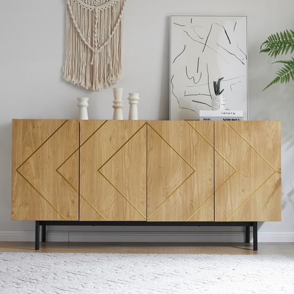 Sideboard 160x40x78 cm, Naturholz, mit 4 Türen & Metall-Inlay
