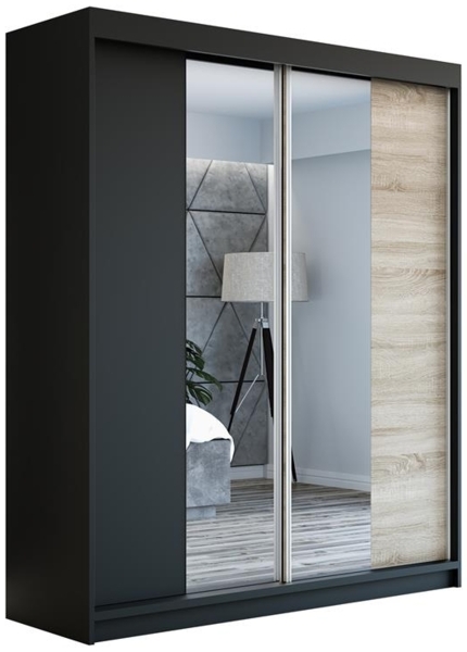 Schwebetrenschrank ELEGANZE 2-trig Schrank 180 cm (mit Spiegel) Farbe: Schwarz , sonoma