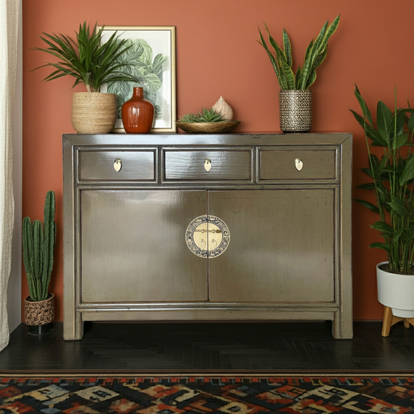 Vintage Kommode Braun Hellbraun Messingkreis chinesisch Schrank Sideboard Kolonial-Stil Antik-Stil Lowboard asiatisch orientalisch Fernost shabby-chic Landhaus