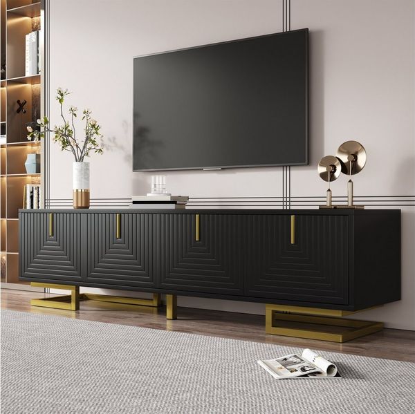 REDOM Lowboard mit Goldene Beine und vertikale Griffe (TV-Möbel, Fernsehschrank, 1 St, langlebig und stabil,verstellbare Füße), mit Licht- und Schatteneffekt, gedämpfte Scharniere