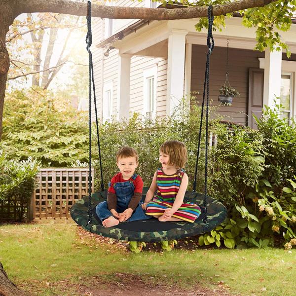 COSTWAY 100cm Nestschaukel Kinderschaukel, Rundschaukel 100-160cm Seil, Tellerschaukel 150kg Tragkraft, Haengeschaukel Outdoor (Tarngrün)