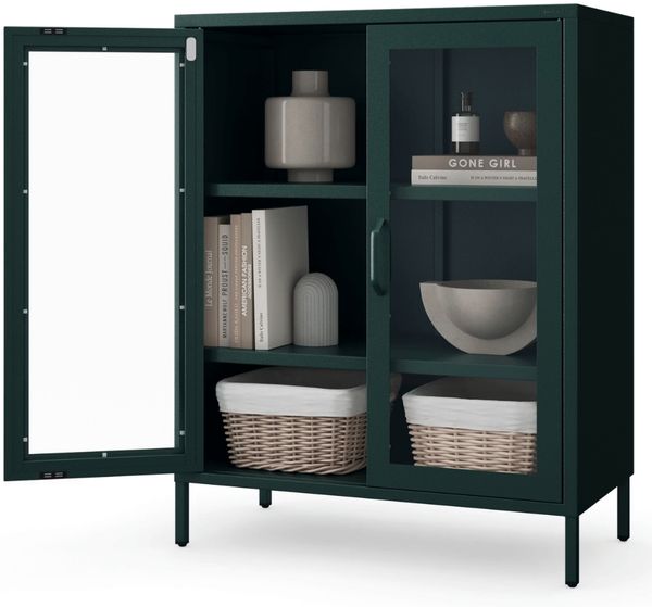 Vitrinenschrank Wohnzimmer klein GINA - 3 Ebenen, Metall | Glasvitrine Bücherschrank Büroschrank Aktenschrank mit Glasfenster Metallschrank, 101,5x80x40cm Dunkelgrün