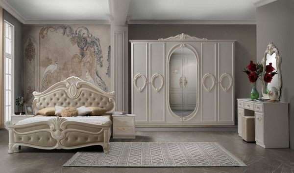 Interdesign24 Schlafzimmer-Set Aurora, (7-teilig, im klassischen Barock Stil, inkl. Bett 180 x 200 cm mit gepolstertem Kopf- und Fußteil), in Cremeweiß/Beige