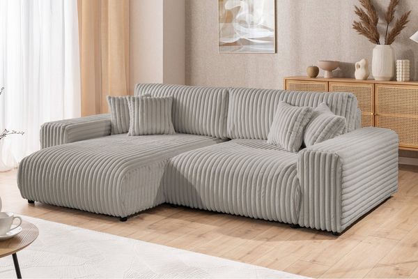 S-Style Möbel Ecksofa Mollis mit Schlaffunktion und Bettkasten aus Plüschcord, mit Wellenfederung