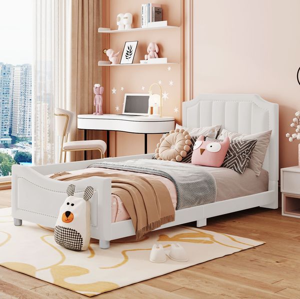 Polsterbett 90x200 cm Kinderbett aus Flanell mit Rückenlehne und Lattenrost – geschwungenes Design, beige