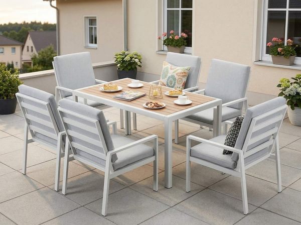 MeXo Gartenlounge-Set Gartenmöbel Set mit Esstisch, (Gartenessgruppe Set 6 Personen, Aluminium, wetterfest, hoher Sitzkomfort), mit pflegeleichte Polywood-Tischplatte, bis 140 kg belastbar