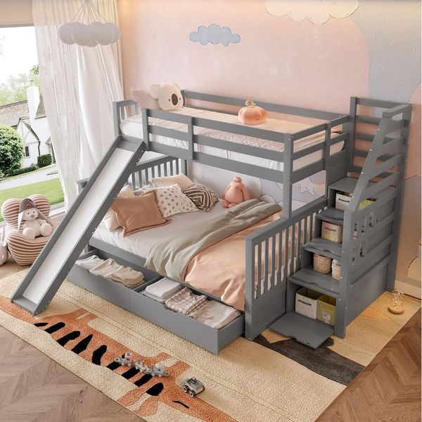 Flieks Etagenbett, Kiefer Kinderbett mit Rutsche & Schubladen 90x200cm+140x200cm