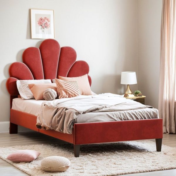 PXloue Polsterbett Einzelbett Kinderbett (Ideal für ein Märchenhaftes Kinderzimmer), Kopfteil in Blumenform,mit Lattenrost und Metallbeinen,90x200cm
