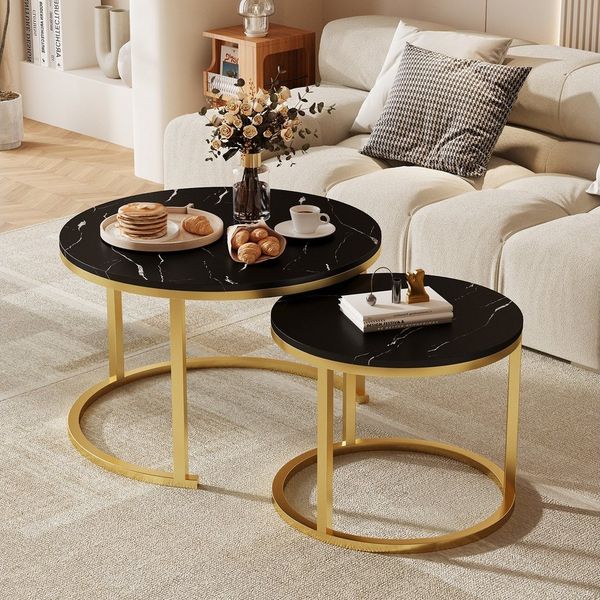 Hiazurm Couchtisch Couchtisch 2er Set mit Marmormuster, Kaffeetisch, Beistelltisch (Satztisch für Wohnzimmer & Büro & Schlafzimme & Balkon, 2er Set), 70x45cm+50x40cm, Rund