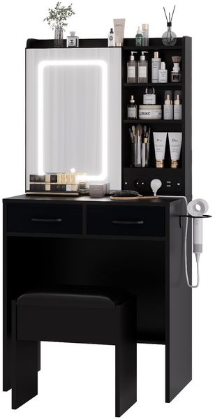 GarveeLife Schminktisch mit LED-Spiegel und Hocker, Licht 3 Modi verstellbar, Schminktisch mit 4 Regalen und 2 Schubladen, Schlafzimmermöbel