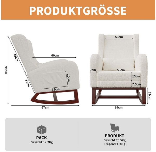 FUROKOY Schaukelstuhl Relaxsessel Stillsessel mit Holzsockel Fußstütze (Set, 1 St), Schaukelsessel,Teddystoff,2 Seitentaschen,1 Lendenkissen,Beige