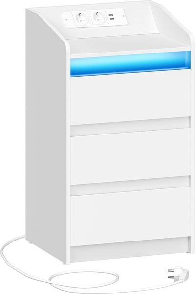 Nachttisch mit 3 Schubladen, Beistelltisch mit Ladestation und LED, 2 AC-Steckdosenund 2 USB-Anschlüsse für Schlafzimmer, Wohnzimmer, Weiß