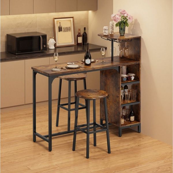 Bealife Bartisch 3-tlg, Stehtisch mit 2 Barhockern, Küchen-Set mit Weinglashalter
